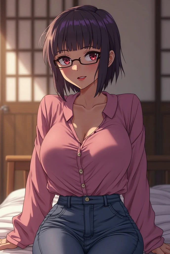 One woman has black hair, short cut, red rimmed glasses, has an H-cup bust one piece of underwear for the lower body, very large breasts, very big ass, I can see your pants, white underwear, underwear that digs into the crotch, very beautiful face, indoor,