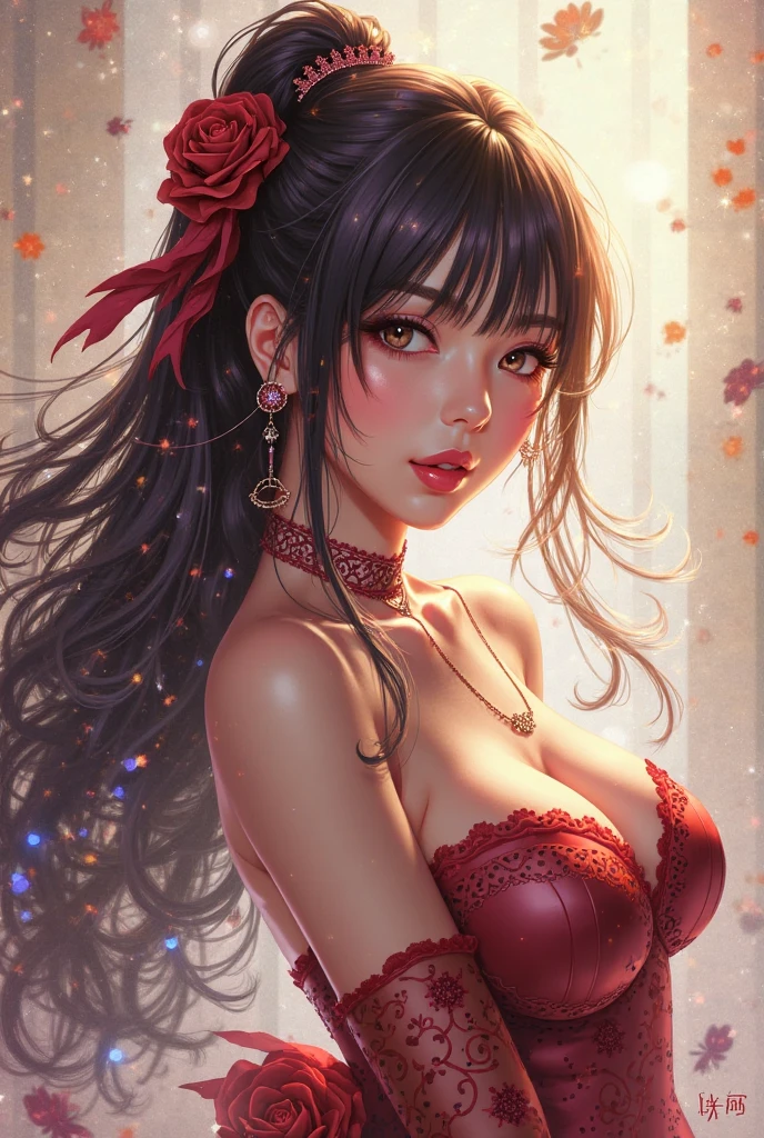 Staring straight ahead,Facing forward,front facing portrait((Highly detailed CG unit 8k wallpaper, masterpiece, High resolution, highest quality, highest qualityのリアルテクスチャスキン)), ((very beautiful woman, :1.5, plump lips, (messy black hair, white skin, small breasts), ((and handle background, Colorful background with roses and 、PINKwarm color)), hyper realistic, digital painting, concept art,,Girl looking straight ahead,sexly,front facing body looking up,comprehensive,A red dress with an open chest,Date Facing forward Bob