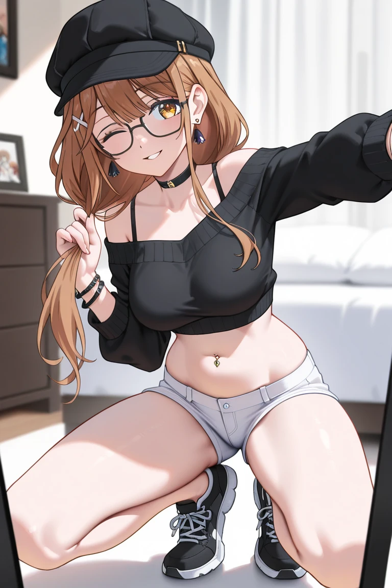 (masterpiece, best quality), 1girl, small breasts, small hips, crop top, denim shorts, bedroom, striped thighhighs, pervert, showing breast, nipple, lewd, seductive, glasses,