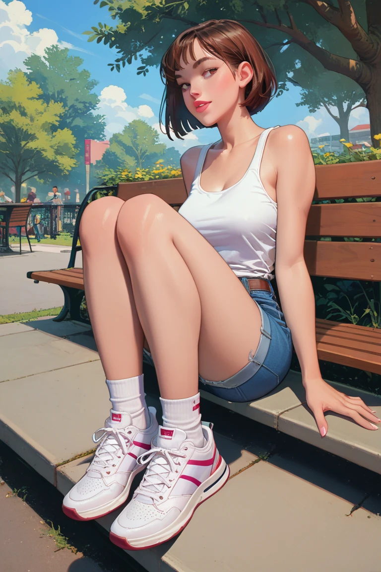 3DMM, ((Masterpiece, best quality, photography, detailed skin, realistic, photo-realistic, 8k, highly detailed, full body, High detail RAW color art, diffused soft lighting, shallow depth of field, sharp focus, hyperrealism, cinematic lighting, a woman, in a beautifully makeup, eyeshadow, beautiful big eyes, ((Brown eyes)), long eye lashes, brunette updo hair, wearing ((Blue satin sundress)), thongs, sport shoes, lying splits, single legs rise up, stretching, hot spring, sakura garden