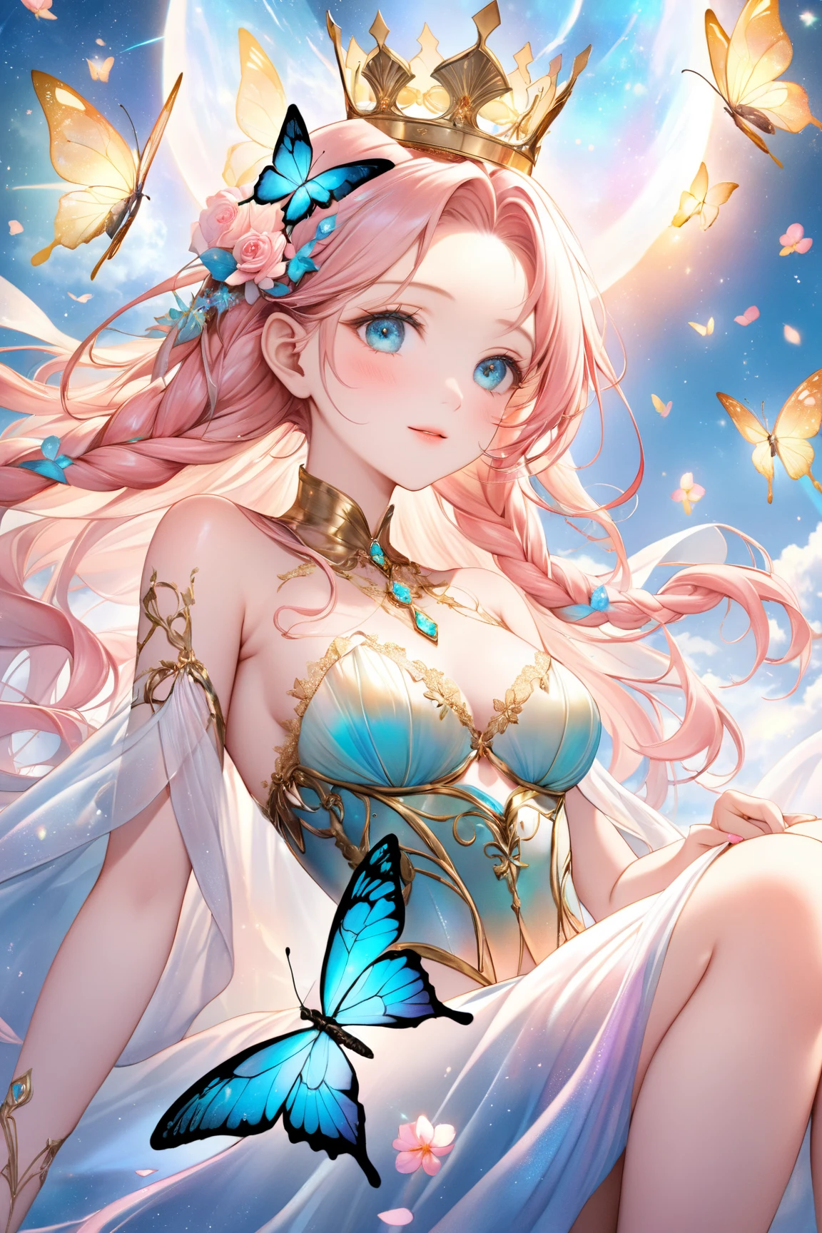 (masterpiece:1.2, best quality), (real picture, intricate details), (1lady, solo, upper body:1.15), big tits
fantastical forest, with towering trees and twisting vines. The sky is a soft shade of pink, and butterflies flit about, adding to the whimsy of the scene. In the foreground, a pair of unicorns stand gracefully, their manes blowing in the gentle breeze. A group of fairies flit about, spreading magic wherever they go.