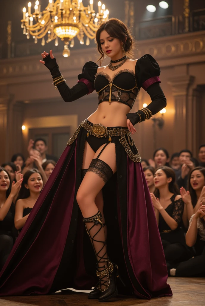 masterpiece, extremely high details, (best quality:1.2), absurdres, photorealistic, realistic, hyper-detailed, ray-tracing, high resolution, sharp focus, 8k, vibrant, intricate, sharpness and clarity, lifelike, hyper_realism, nsfw, uncensored, 1girl, (full body:1.2), depict a show girl performing on stage, The Greatest Showman costume cosplay, Barnum Costume, Circus Ringmasters Jacket, Waistcoat, extra huge breasts, exposed breasts, bare breasts, nipple, no panty, exposed,, cleavage, 18+, adult show, erotic show, erotic performance, sexual performance, white fishnet thigh-highs, high-heels, showman top hat, huge breasts, cleavage, slim waist, baton, circus performance background, backup dancers wearing skimpy costume, naked performers, background lights, spot light