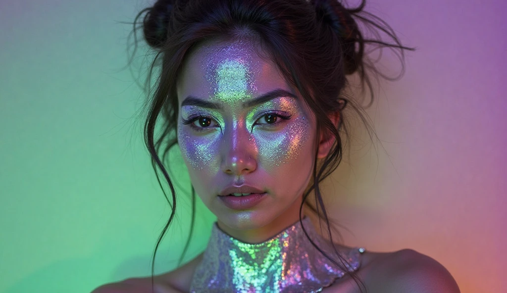 <lora:glitt3r:0.8>glitt3r 1girl woman intricate facepaint makeup full body shot