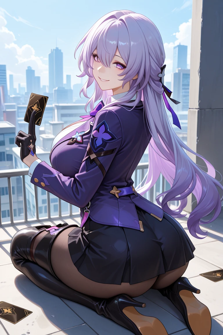 1girl, Shion, purple hair, horn,large breasts, suit<lora:Shion:1>