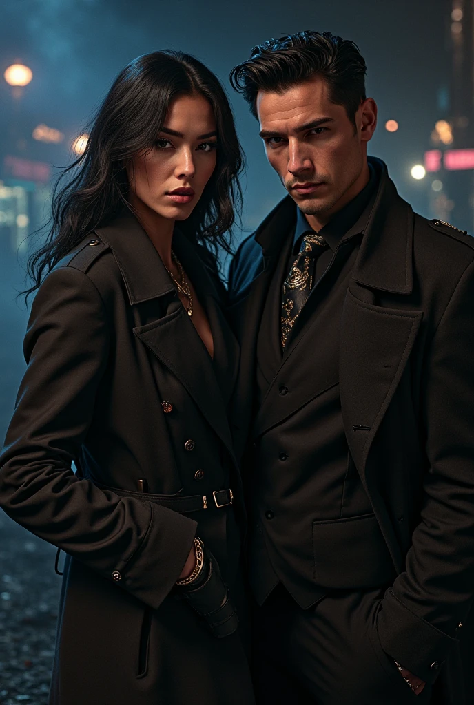 female, black coat, black closed buttoned-up black trench coat from the 1930's style, 5 foot 5 inches tall, slim body build, waist-length wavy brunette black hair, bright green eyes, 28 age, ethnicity india, ethnicity middle eastern.
