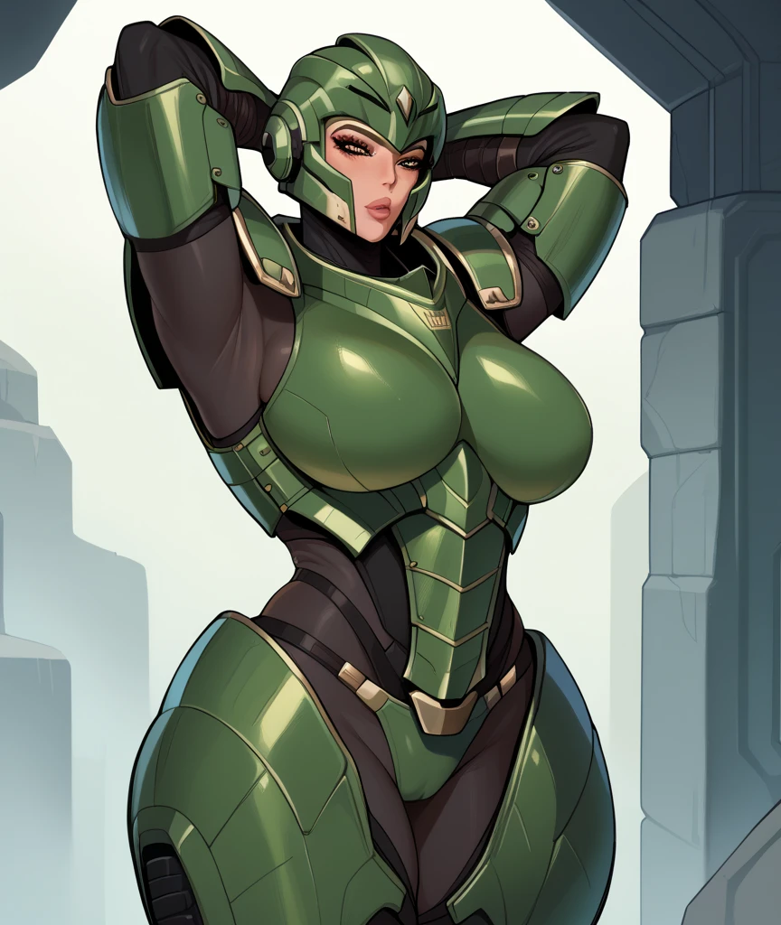 Cartoon photo of woman in green and red costume, hot insect humanoid woman, Guyver style, SFW version, red eye, scaraber reploid, tail, cel shade adult animation, alien queen, serpentine pose, --auto --s2