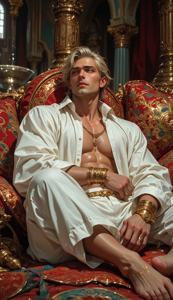 A REALISTIC image of a man, golden hair, fit, with muscles, Very sexy and handsome, sitting on a proud throne, with a golden crown, green eyes, Naked with a white sheet covering himself