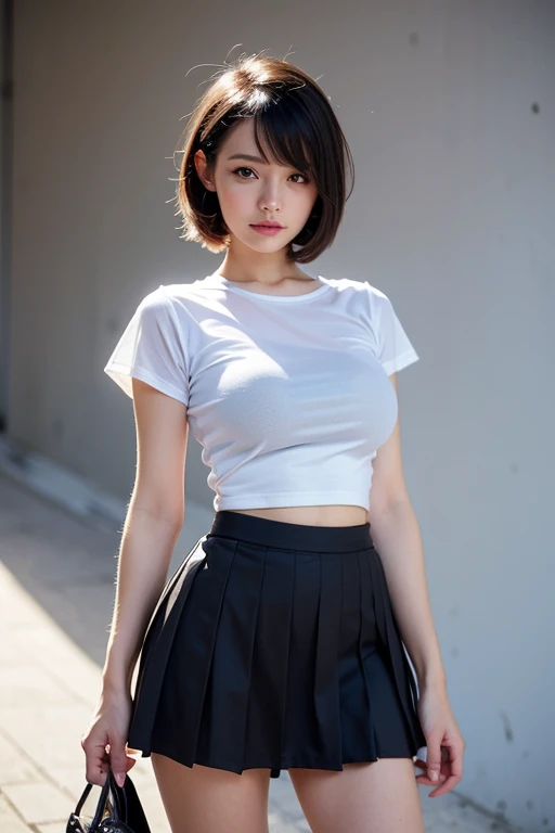 (One Girl:1.3), Bobcut,Japanese high school students, Great face and eyes, Looking into the camera, (Highest quality:1.4), Very detailed CG 統合 8k 壁紙, Very detailed, High-resolution RAW color photos, Professional photography, Realistic full body shot, Studio shot、Plain Wallpaper, Portrait of sexy girl, Open exterior, (Looking down, View in Viewer:1.0), (From below:1.0),(((topless))),Pleated skirt,Thighs