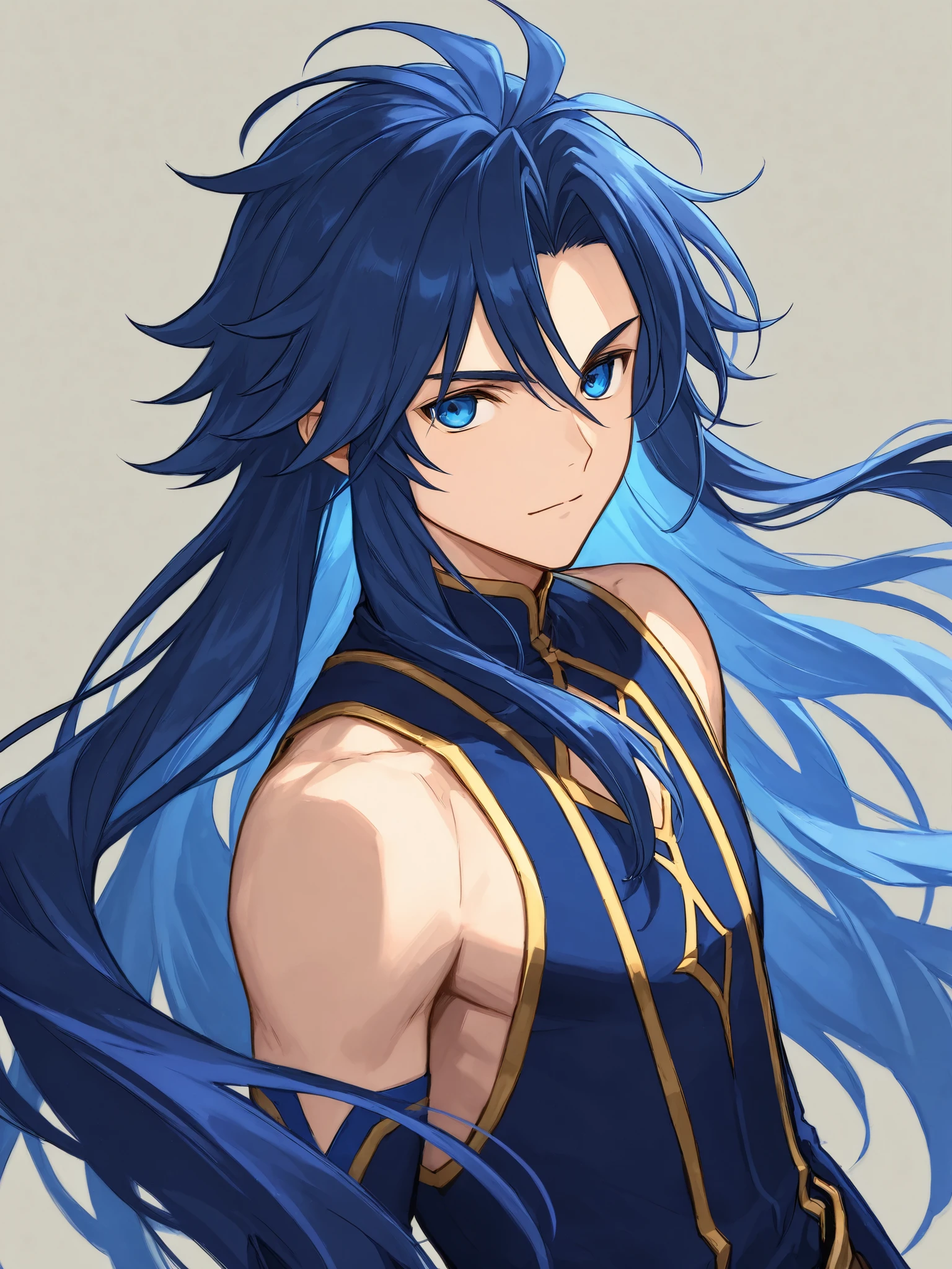 A stunning animie male with Black hair. His eyes are practically covered with his hair. His eyes are two diffrent colors, one blue, one purple. He is on the beach walking around shirtless