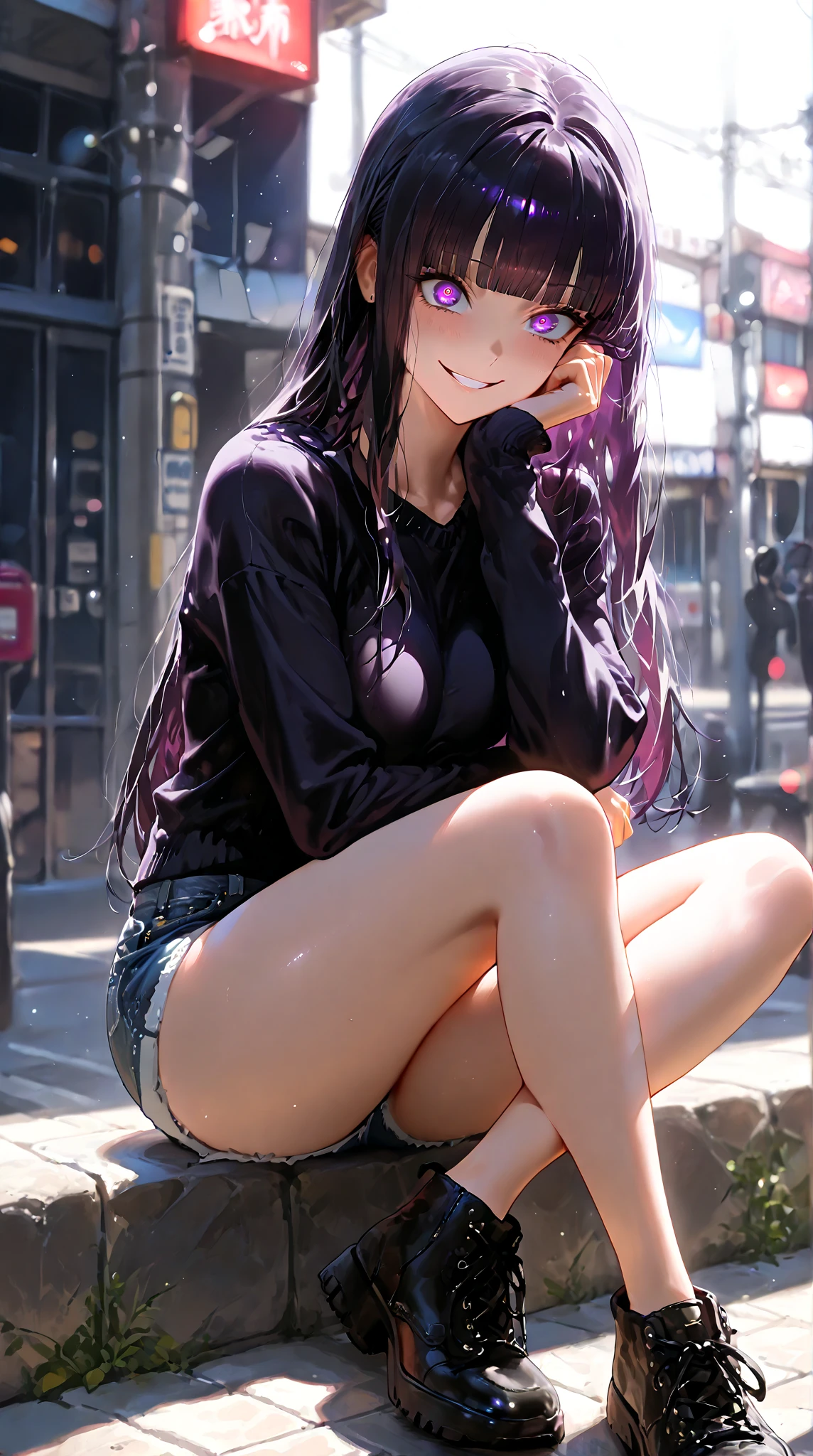 最high quality、best image quality、masterpiece、girl((20-year-old、 By becoming、vest bust、medium bust,wide open breast tea、shining eyes, neon hair、long hair、thin,highest valley、ponytail、Damaged Denim Shorts、black navel shirt、Damaged Denim Jacket、smile、full body tattoo,diamond earrings、Wristband、necklace,bubble gum、sit on a chair、leaning forward)),high quality、beautiful art、background((Hacker Room、neon lighting))、Flight、debris flies、Depth of written boundary、movie、visual art、perfect art、8k,genuine、