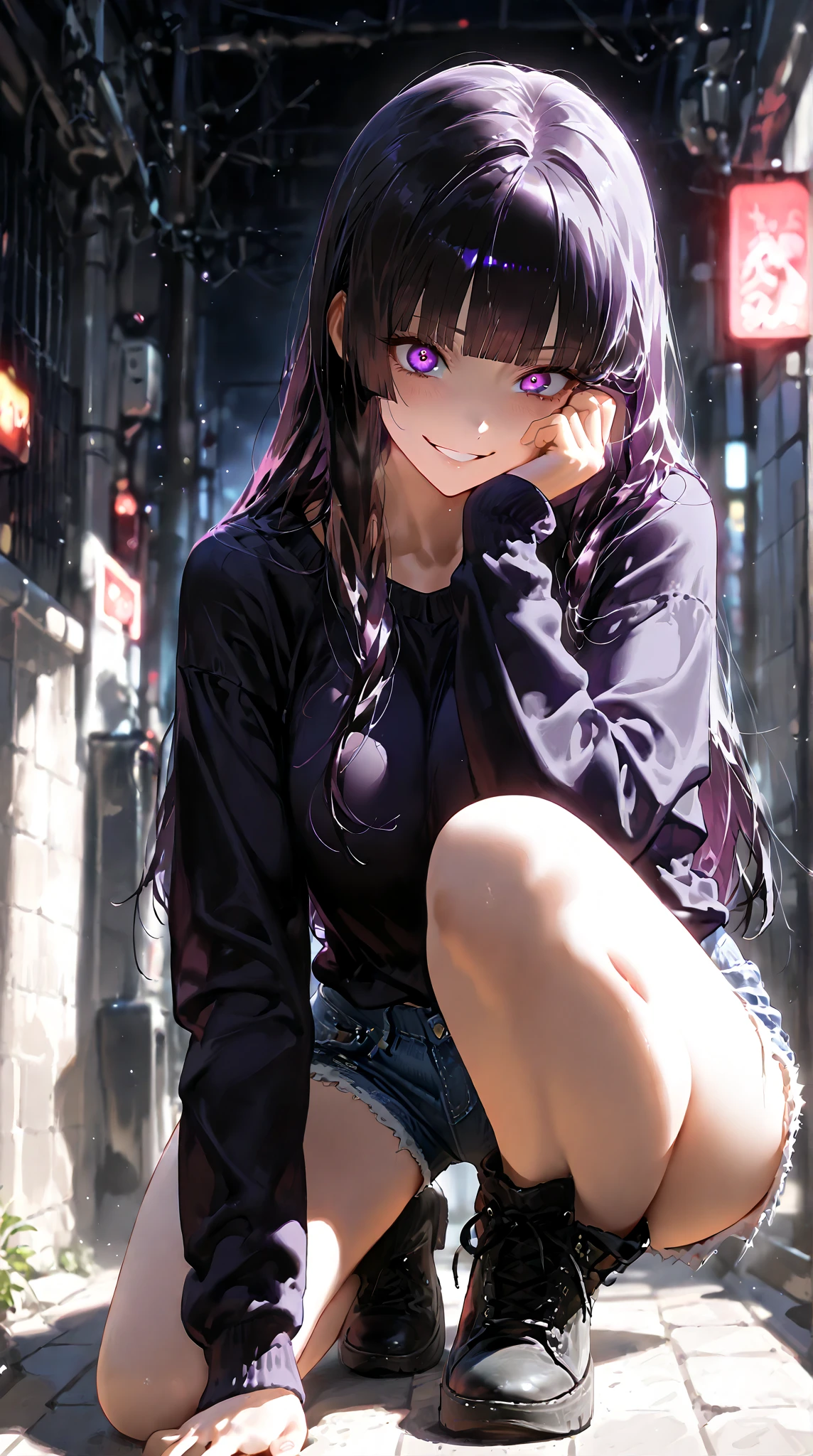 (masterpiece, highest quality:1.2), One girl,Blue pubic hair catches my eye、High resolution、highest quality、Illustration Style、pretty girl、Purple long hair、Sparkling Eyes、lipstick、Skeleton dress、rain、Rain,Wet Hair、Wet clothes、See-through underwear、Purple underwear、Pussy、Detailed、rainbow、purple theme、Flip up the skirt、squat、Look up to the sky、Look Up、Closed Mouth、Silent Woman