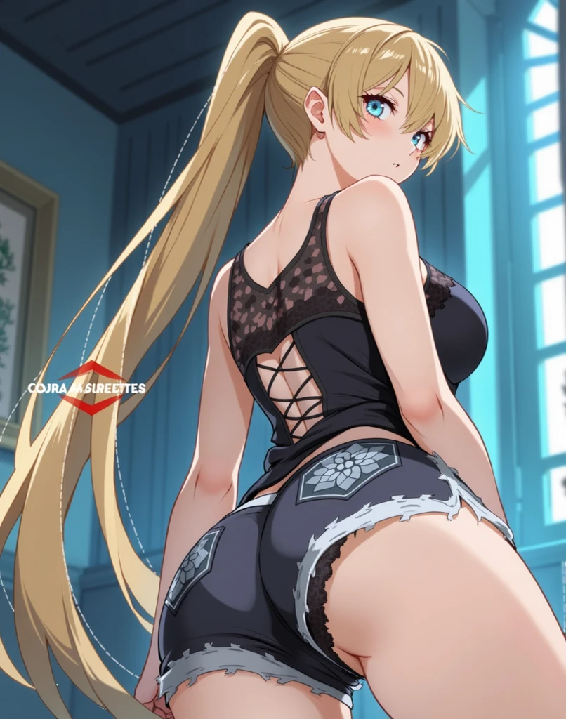 ((highest quality, High resolution, nffsw, perfect pixel, 4k, nffsw, nffsw))), Cecilia Alcott, single, alone, Beautiful woman、((I could see the whole body))、 ((long wavy hair, bangs, blonde hair)), ((blue eyes, beautiful eyelashes, realistic eyes)), ((detailed face, blush:1.2)), ((smooth texture:0.75, realistic texture:0.65, realistic:1.1, Anime CG style)), big breasts, dynamic angle, perfect body, (black bra、mini flare skirt、No bra)), Sit on the hotel sofa、Very embarrassing panic smile、He opened his mouth in surprise、 looked back、lean forward、(The wind flipped my skirt and exposed my butt..................................................、stick out your butt、touch your butt with both hands、black lace panties)、