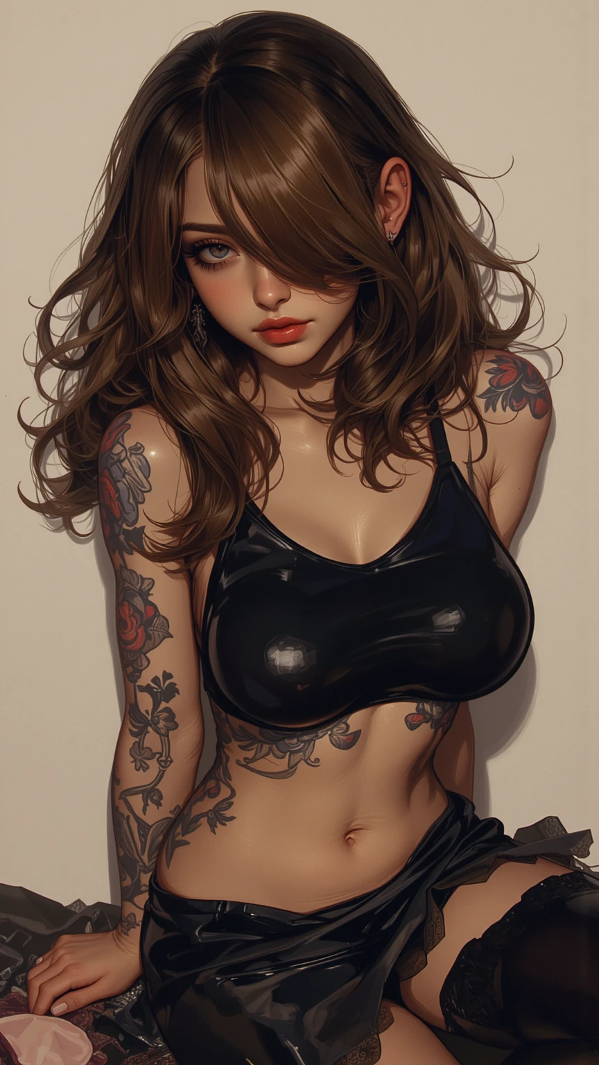 Create a brunette woman with long hair with tattoo by the body smoking cigarette, put more breasts with the beak of the breasts --auto --s2