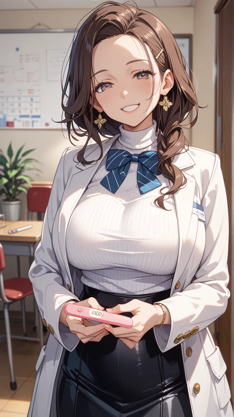 ((Tabletop, Highest quality, High resolution, , Pixel Perfect, 4K,))), 1 female teacher, single, alone, beauty、The whole body is visible、 ((Medium Wavy Hair, bangs, Brown Hair)), ((Brown eyes, Beautiful eyelashes, Realistic eyes)), ((Detailed face, blush:1.2)), ((Smooth texture:0.75, Realistic texture:0.65, Realistic:1.1, Anime CG style)), Center of chest, Dynamic Angle, Perfect body, (( , , Wearing a white coat、Female doctor、, 、))、、Very embarrassing panic smile, 、Black pleated flared skirt、classroom、Sit on a chair、Please lift up your skirt and show me your pants.、、(Showing off her white and pink floral lace panties、)、Angle from below)、
