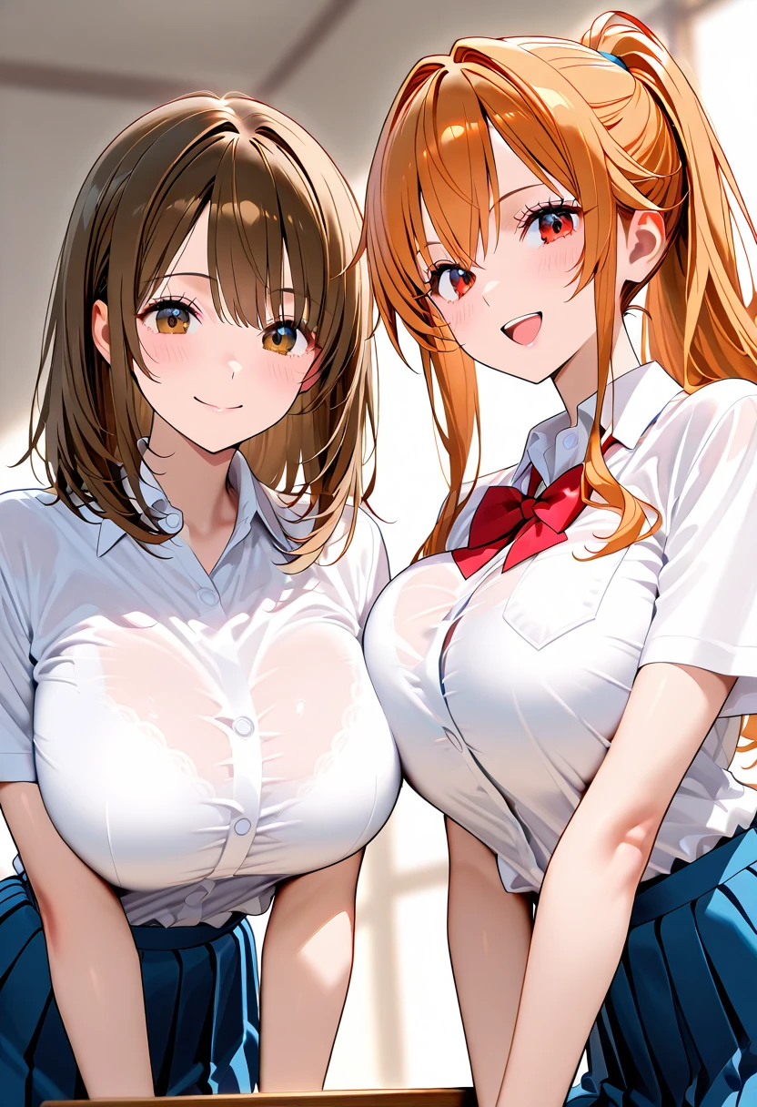 very detailed, masterpiece, high quality, beautiful girl (short medium shot), long hair, breasts, blush, smile, open mouth, bangs, multiple girls, skirt, large breasts, brown hair, shirt, black hair, bow, holding, 2girls, hair between eyes, bare shoulders, twintails, brown eyes, nipples, blue hair, standing, collarbone, white shirt, ponytail, thighs, red hair, sweat, teeth, sleeveless, collared shirt, indoors, sex, bowtie, grin, covered nipples, see-through, sleeveless shirt, tattoo, bottomless, thick thighs, sex from behind, motion lines, futanari, arm grab, futa with female, standing sex,kamado nezuko