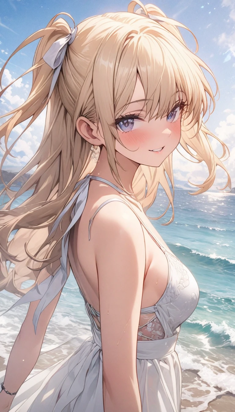 最high quality、Best image quality、masterpiece、age Girl((18-year-old、 By becoming、Best Bust、Medium Bust,NSFW、naked、Nipples are visible、blue eyes, Blonde Hair、Habitual hairstyle、Long Hair、thin,Highest valley、Attractive face、sweating、like、Stay close to your audience、Leaning forward、Hair blowing in the wind)),high quality、Beautiful art、background((Hawaii、Waikiki、Palm tree、Beach、sunset))Flying debris、Written boundary depth、movie、Visual Arts、Perfect art、8k,Genuine