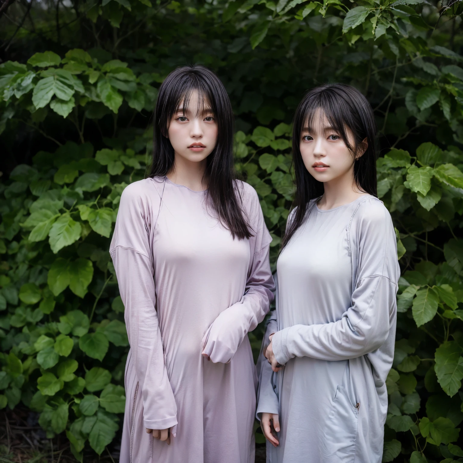 "Twin Japanese idols in a mystical, forest setting, with a focus on their ethereal beauty and twin resemblance, captured in high resolution."