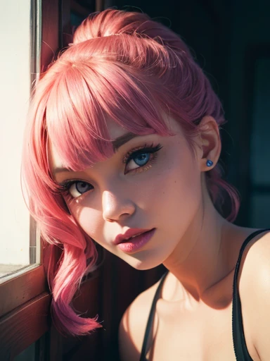 best quality, ultra high res, (photorealistic:1.4), (detailed beautiful girl:1.4), (medium breasts:0.8), looking_at_viewer, Detailed facial details, beautiful detailed eyes,pink hair, blue eyes, slender, haunting smile, (makeup:0.3), red lips, highly detailed clothes, (ulzzang-6500-v1.1:0.3)