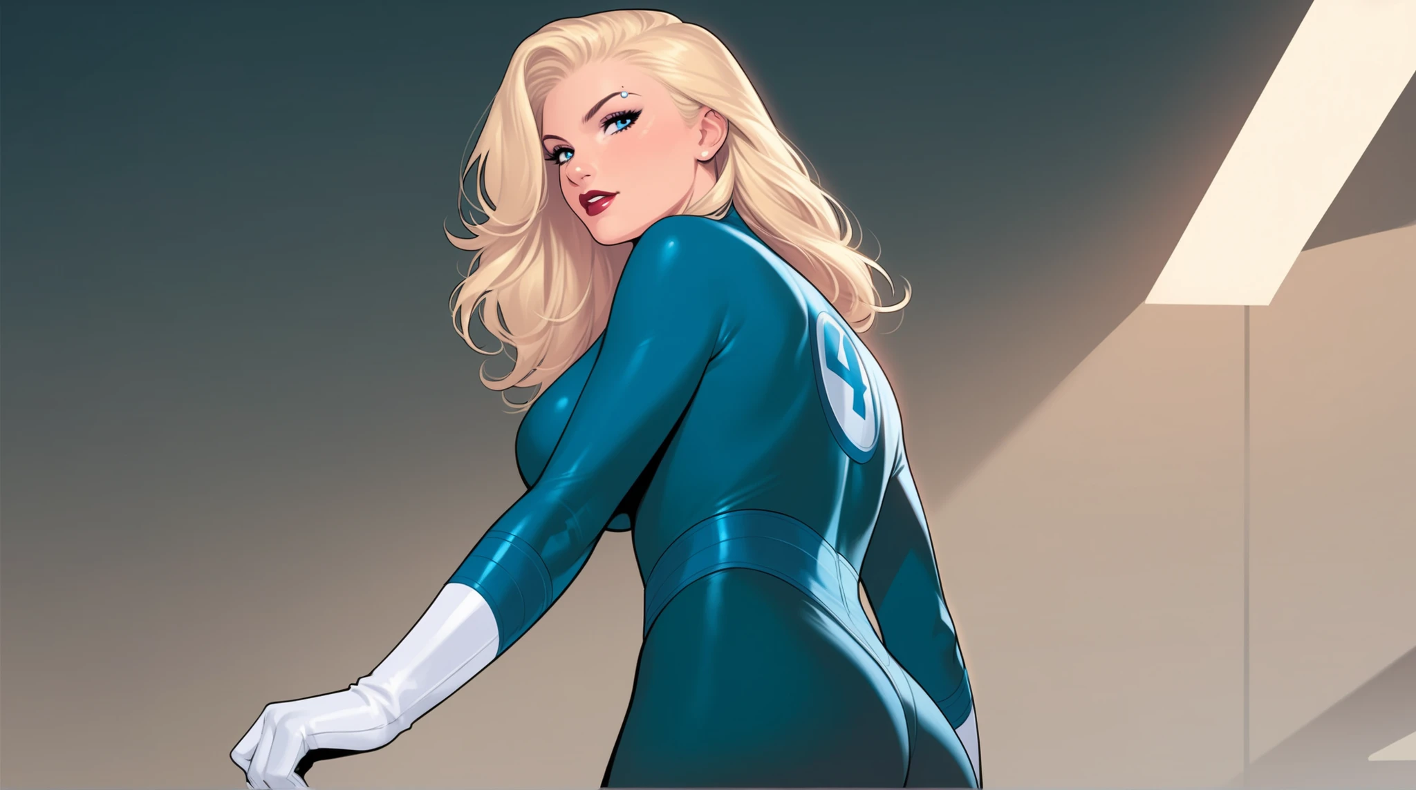 1980s (style), retro artstyle, source_cartoon, score_9, score_8_up, score_7_up, score_6_up, ((zPDXL2)), (perfect anatomy), cowboy shot BREAK susan storm, blonde hair, blue eyes, ((solo)), raised eyebrow, flirting, looking back at viewer, lipstick, makeup, bodysuit, skin tight, white gloves, boots, large breasts, curvy, toned, athletic, thigh gap, ((clothes turning invisible)), standing, in futuristic bedroom