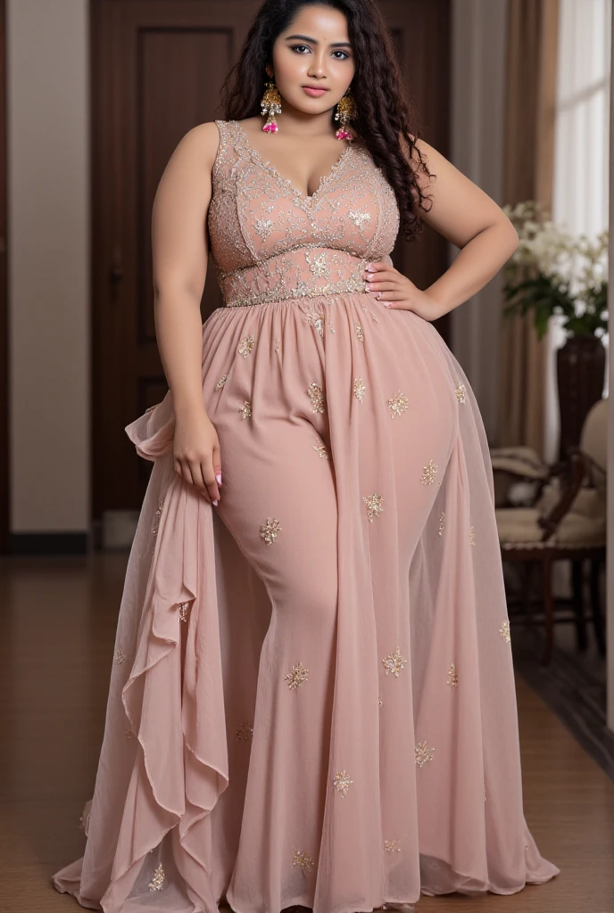 Attractive dressing Beautiful curl Red hairs,perfect facial features of well dressed Women in bedroom empty hand's ,looks like gorgeous wife giving a eligent pose wearing princess frock gown dress, ((with big body curves, attractive queen diamond crown full dressed princess clothing,bouncy breasts:2.4 thin waist,big wide hips)) wearing necklaces with princess sexy attractive long frock clothes full body clothing pink frock clothes flowen long gown dupatta
