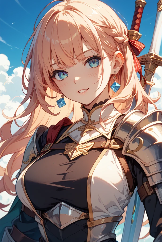 (focused upper body, 1girl, realistic, blush, cleavage, leaning position, hands down, wearing white armor, sparkling blue eyes, ponytail long blonde hair, castle background), 8k resolution, masterpiece,