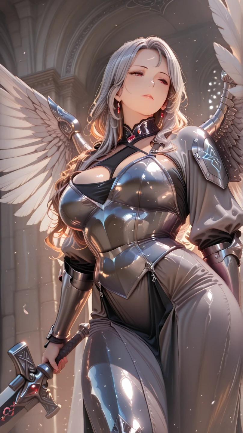 gwen tennyson,yorha 2b,tracer,claire farron, overwatch,atelier ryza,close up,heaven castle battle,tattoos,golden and white plugsuit, white short sleeve angel top,short sleeve archangel jacket,long angel skirt,angel harness corset,long curly hair,punk makeup, green eyes,multicolored silver hair,long dress train,sexy smile,freckles,beautiful girl,thigh high angel boots,large breasts,8k,ultra detailed, realistic,fantasy art,archangel armor,angel tunic dress,hair pin,ear piercings,golden crystal hand and neck jewelry,(weather:windy),1girl,long golden angel cloak,holding a angel spear,large angel wings,