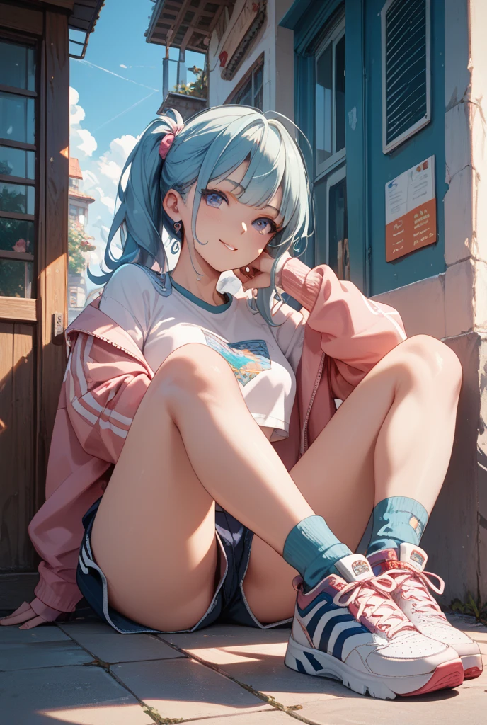 (best quarity,ultra detailed,ultra-high-resolution, 8k, masterpiece), very-cute-and-beautiful-anime-girl,highly-detailed-face-and-eyes, graffiti, neon colors, splatoon, 1girl, grin, tanktop, hoodies, show off shoulder, short-pants, sneakers,