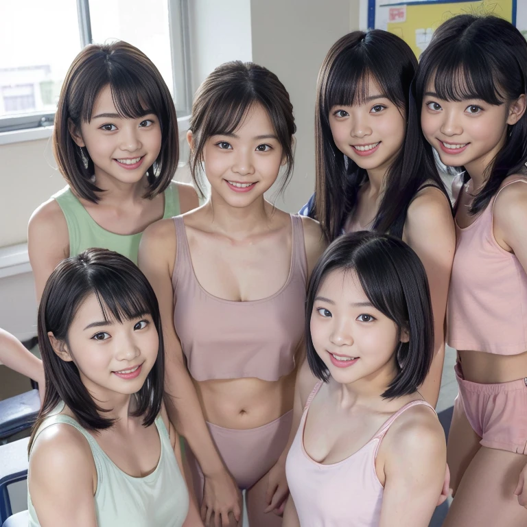 3 malay cute girl wearing colorful cotton bra and yellow very short pleated skirt gathering in locker room, 1 girl squat, 1 girl kneeling, 1 girl seating, they are discussing at school changing room, laughing, happy, petite girl, realistic, ultra detail,