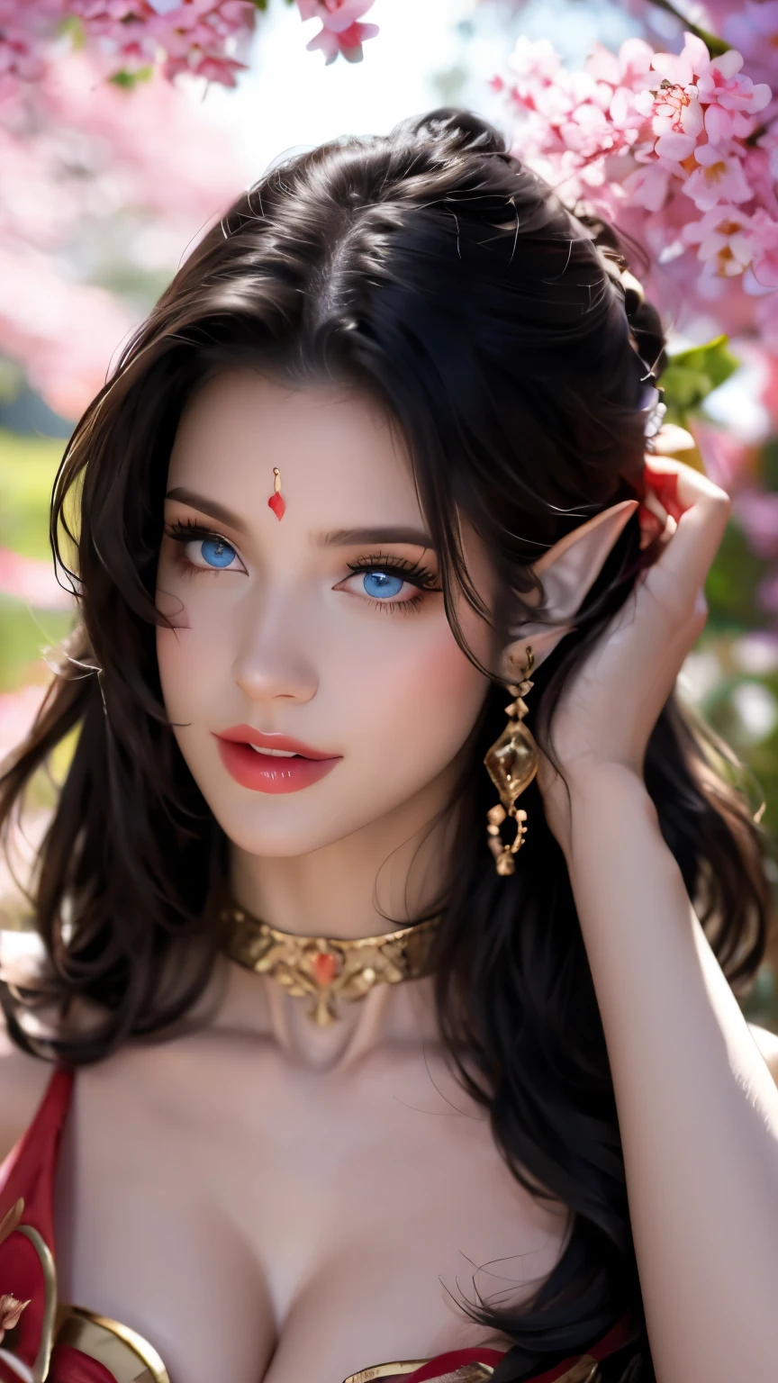 Extremely detailed, women, elven, Pakistani women, beautiful body, wearing traditional dress(gray and golden), beautiful enormous size breast, beautiful face, naked breast, exposed breast, sexy greenish gray eyes, sexy look, light pink lips, open mouth smile,