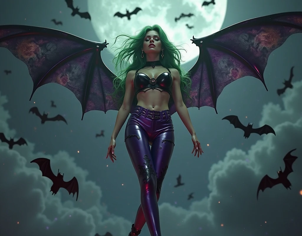 Rihanna hyper-giant, Hyper-powerful demon with two demon horns on his head and demon wings, Purple lightning fire on a building and shatters buildings , ville en ruine post apocalyptique,