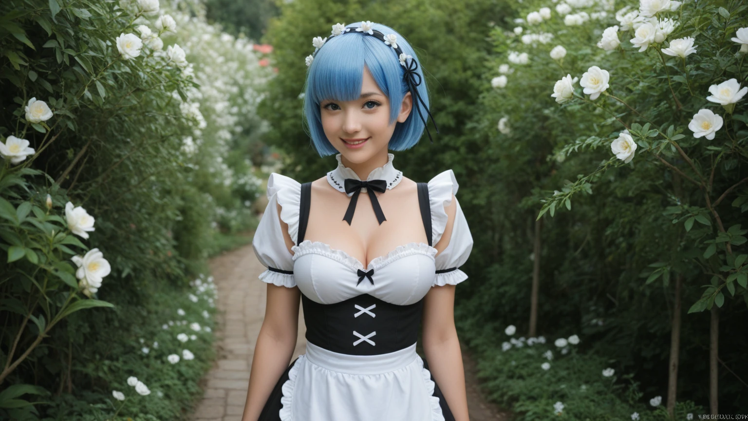 a woman posing on the street corner with メイド服 on, Highest quality, High resolution, 8K, 1peopleの女の子, (Huge breasts), Day, bright, Outdoor, (street:0.8), (people々, crowd:1), (Cleavageが見えるメイド服:1.5, Cleavage:1.5, black and white maid outfit: 1.5), nice, (light blue hair:1.5), Beautifully detailed skies, Beautiful earrings,Light blue eyes,(Dynamic pose:0.8), (Upper Body:1.2), Soft lighting, Wind, Shiny skin, View your viewers, smile