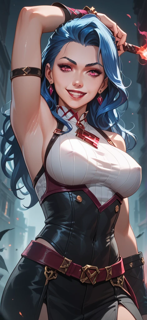 (masterpiece), best quality, expressive eyes, perfect succubus  mannequin girl hybrid face, gray skin,long cyan and blue hair, reddish red eyes, glasses, happy, navy blue tank top, gold necklace between her breasts, black sports mini shorts, perfect mega big breasts, thick thighs, perfect big ass, boutique, transforming into plastic mannequin, nfsw 