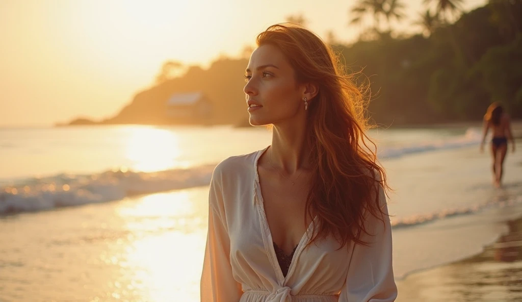 Ritratto dell'ombelico alla testa di una donna francese dai capelli rossi di 20 anni, small build, dressed in an ancient Roman dress draped in ecru linen, on a beach, dynamic position, a hand in the hair, head tilted, seduction, charm, light charming smile, sunset, cinematic rendering, 32K, RAW