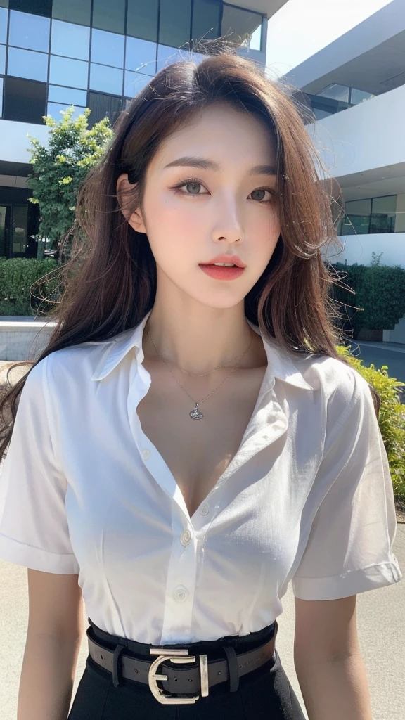(Best quality, High resolution, Masterpiece :1.3), A tall and pretty woman, Slender abs, Dark brown hair styled in loose waves, Breasts, Wearing pendant, White button up shirt, Belt, Black skirt, (Modern architecture in background), Details exquisitely rendered in the face and skin texture, Detailed eyes, Double eyelid