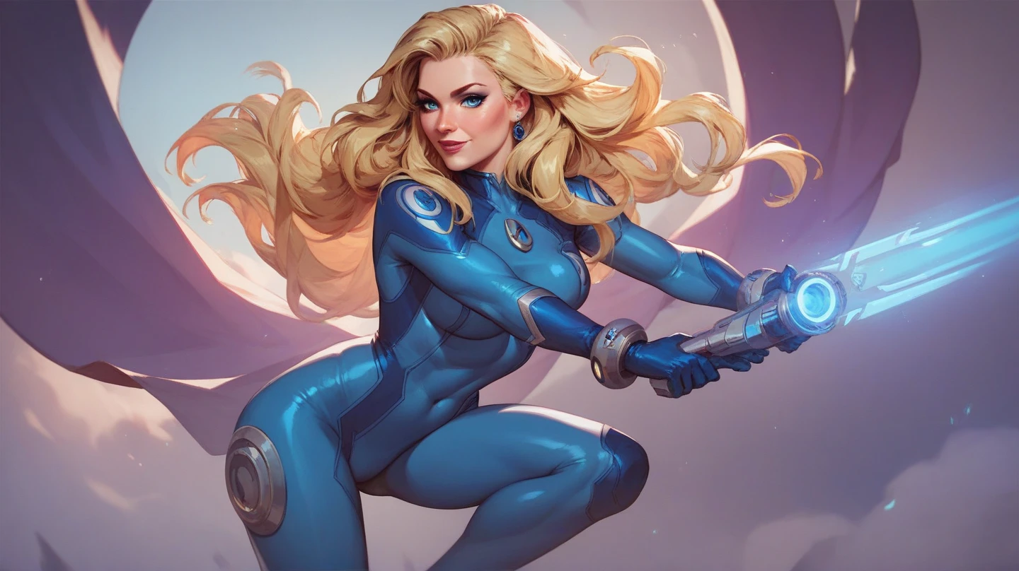 best quality, masterpiece, woman space super hero, beautiful face,full body,hi-tech armour over silver latex suit, long curly blonde hair,flying in super hero pose in deep space, with several planets and suns in the background