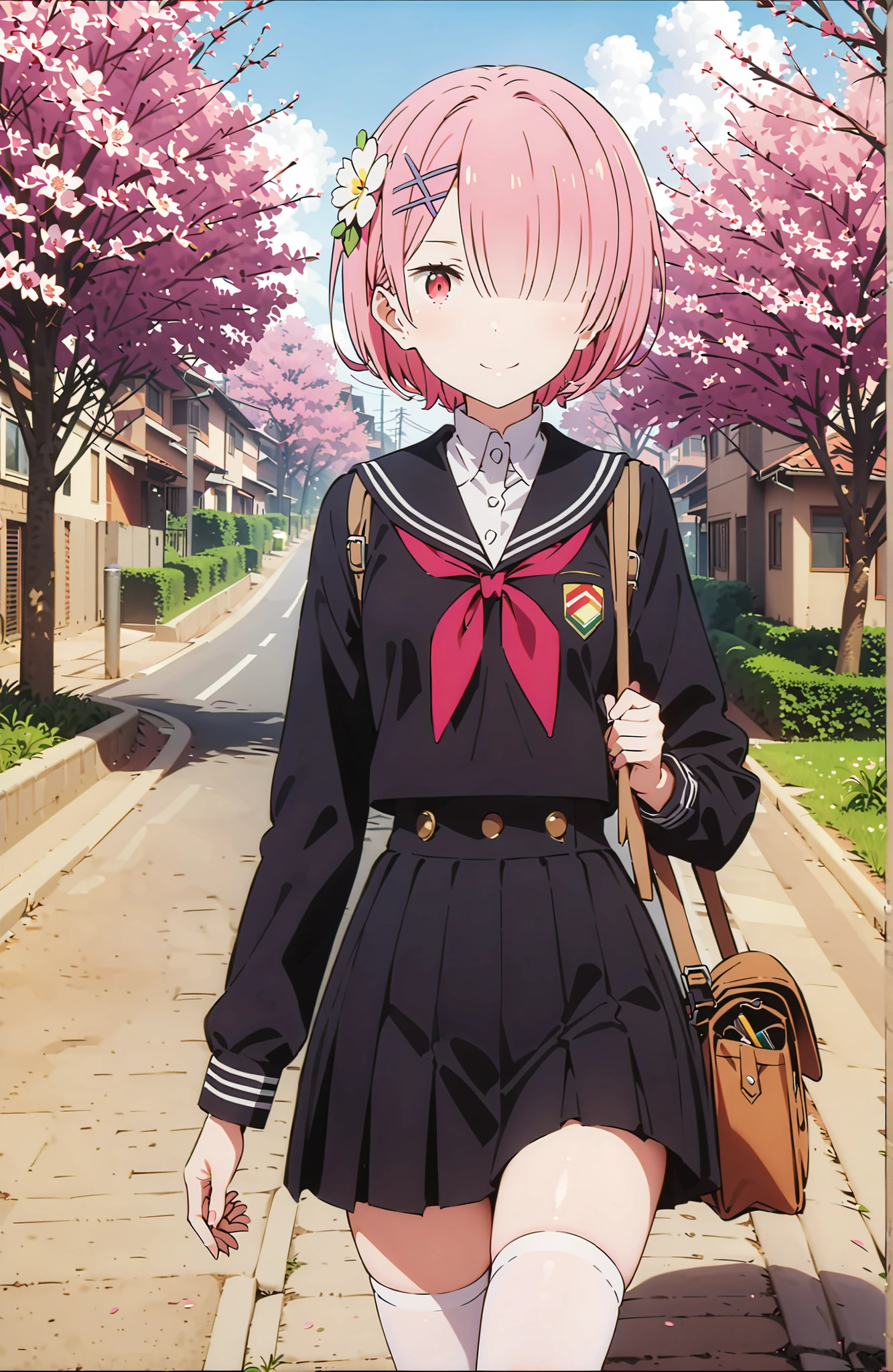 score_9, score_8_up, score_7_up, source_anime,Ram, solo,hair flower, hair ornament,Hide one eye with bangs, pink hair, Red Eyes, short hair, x hair ornament,smile,blush, shut your mouth,Black Sailor Suit,long sleeve, Black Mini Pleated Skirt ,white thigh high socks,loafers,Student bag 1 :1,spring,Cherry Blossoms,walking,,as if the whole body is in the illustration,in their 40s looking at viewer,full body,
in their 40s outdoors, residential area ,
in their 40s (masterpiece:1.2),Highest Quality ,Kampala,unity 8k 壁紙,(shape:0.8),( fine and beautiful eyes :1.6),It's a person ,full body photo,CG Details , (perfect hand in h,Complete Anatomy),