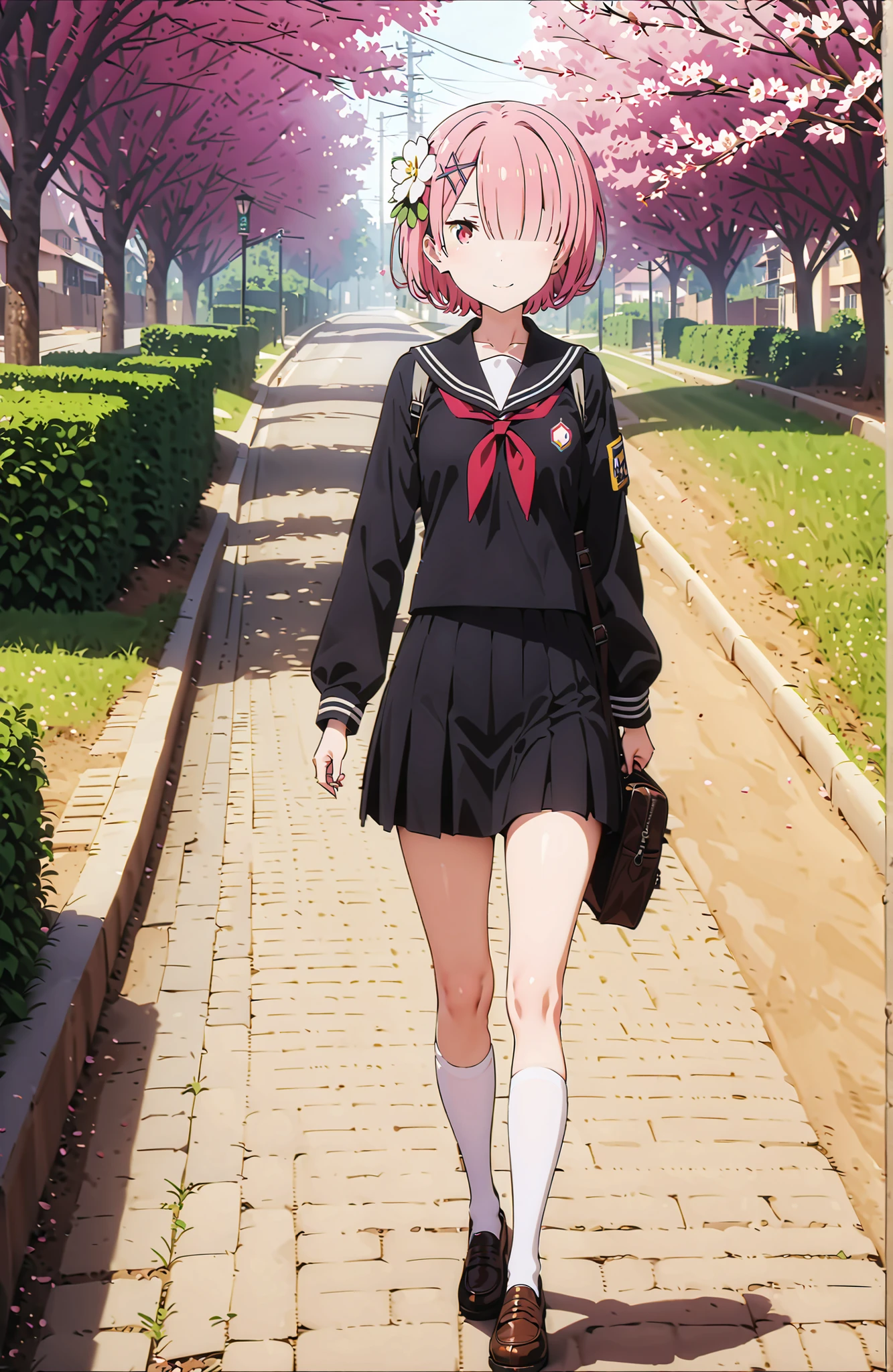 score_9, score_8_up, score_7_up, source_anime,Ram, solo,hair flower, hair ornament,Hide one eye with bangs, pink hair, Red Eyes, short hair, x hair ornament,smile,blush, shut your mouth,Black Sailor Suit,long sleeve, Black Mini Pleated Skirt ,white thigh high socks,loafers,Student bag 1 :1,spring,Cherry Blossoms,walking,,as if the whole body is in the illustration,in their 40s looking at viewer,full body,
in their 40s outdoors, residential area ,
in their 40s (masterpiece:1.2),Highest Quality ,Kampala,unity 8k 壁紙,(shape:0.8),( fine and beautiful eyes :1.6),It's a person ,full body photo,CG Details , (perfect hand in h,Complete Anatomy),