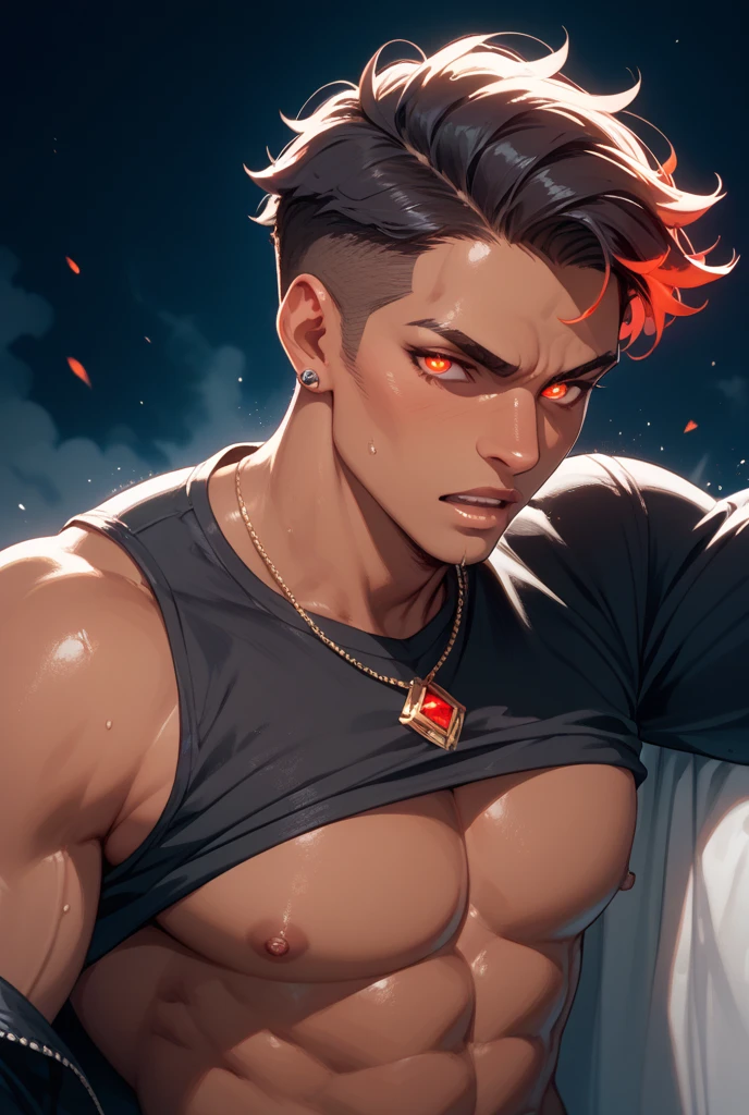 1boy, young posing, gorgeous, muscular, black-eyed, shirtless, short dark hair undercut cut style disconnected, on a white background, black crown on his head, pink details