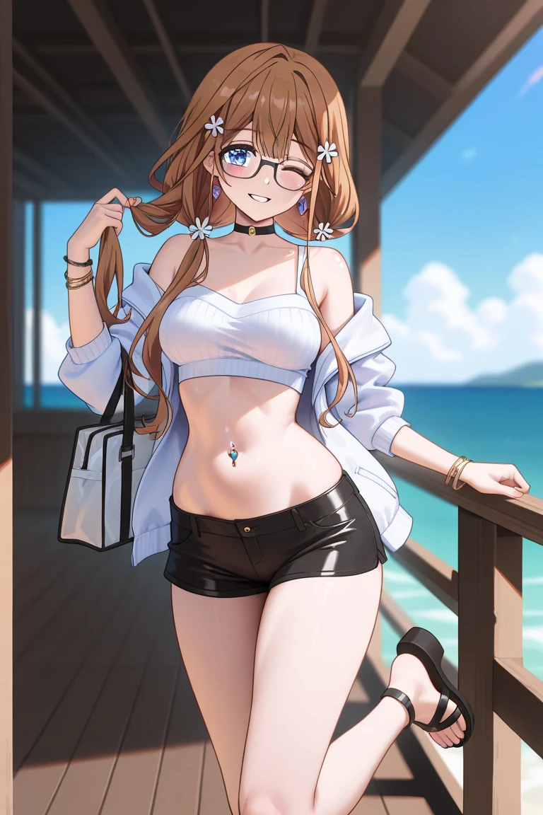 Orange hair、Stability,masutepiece, hight resolution,Original, Beautiful detailed eyes,Ultra-fine mastep piece, Best Quality, hight resolution, 1girl in, futaba sakura, Blunt bangs, Glasses, black-framed eyewear, Ahoge, Small breasts, Glasses, Cowboy Shot,, Solo Focus, blush, huge smile、Canines are visible, Looking at Viewer, Navel, 鎖骨, Colorful off-the-shoulder swimwear, sarong, Large breasts, Beach, ocean, Sunset, Dusk, Orange sky, Gradient sky, Palm Tree, Backlight, Detailed background, (arms behind back)、((Panties are visible))(pantie shot)、((dynamicposes))), (From below:1.5), (up skirt:1.5), Tennis Mini Pleated Skirt、Sexy upper eyes, (Small white panties:1.5), (low rise:1.5), (Fit body:1.5), (Slim legs:1.5), (small panties with high legs,,,,,:1.5), (wet polo-shirts:1.5), (Wide open crotch:1.5), (wet panty:1.5), (Stick your butt out and turn around:1.5), (Skin color seen through panties:1.4), (hip focus:1.3)、