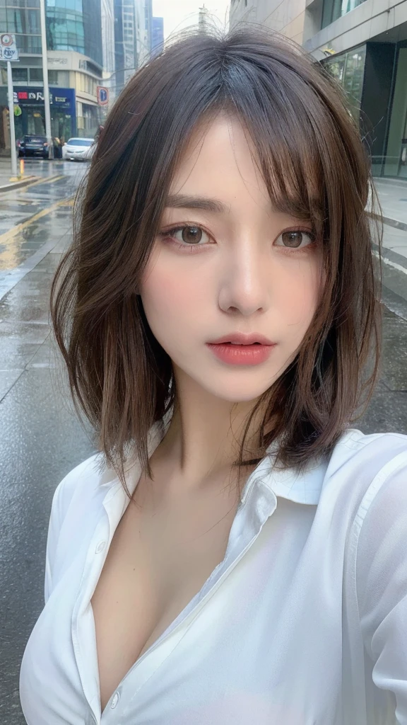 ((top-quality、8K、masterpiece:1.3))、foco nítido:1.2、Beautiful Women in Perfect Style:1.4、Slender Abs:1.2、((dark brown hair、a short bob、small tits:1.2))、(natural soft light、City Street:1.1)、Highly detailed facial and skin texture、A detailed eye、二重まぶた、((Transparent Lingerie 1.5))、tits out
