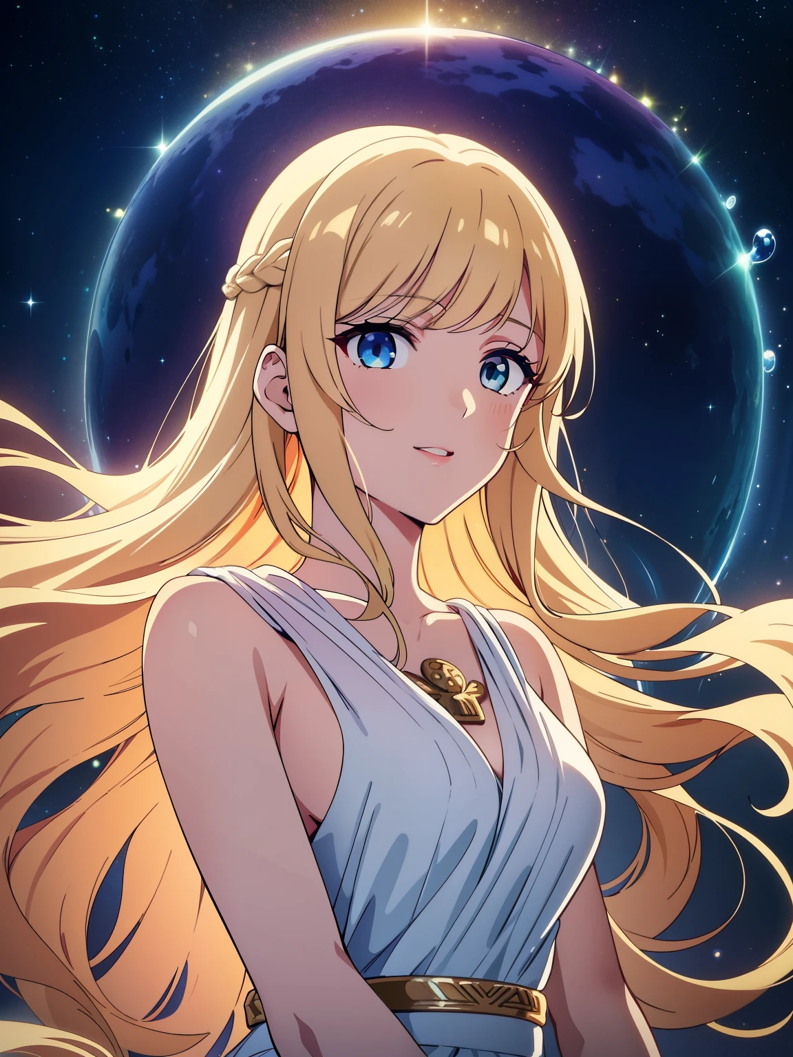 (high-quality, breathtaking),(expressive eyes, perfect face) portrait, 1girl, female, solo, adult woman, Symmetrical Eyes, ager, blonde hair, space in hair, light blue eyes, long hair length, soft wavy flowy hair, gentle smile, loose hair, side bangs, looking at viewer, portrait, happy expression, hair like smoke, starry night in hair, white skin, soft red lips, elegant, regal, hair with scenary, greek clothes, floating hair, luminous hair, glowing hair, cowboy shot, medium full shot, ancient greek clothes, sandals, accessories, goddess of dreams, olympian greek goddess, liquid hair, long bioluminescent dress, bubbles