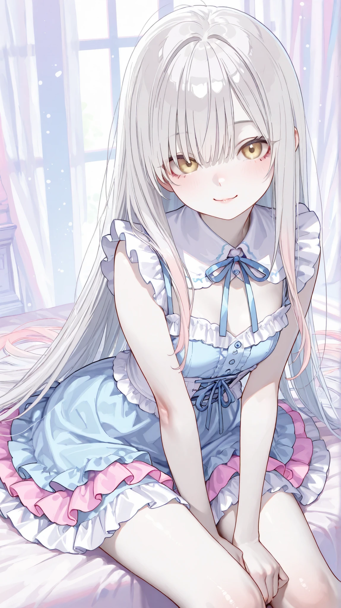 girl、short、big eyes、smile、ruffle underwear、lots of ribbons、voluminous frills、pastel colour、lame、shine、detailed、high resolution、