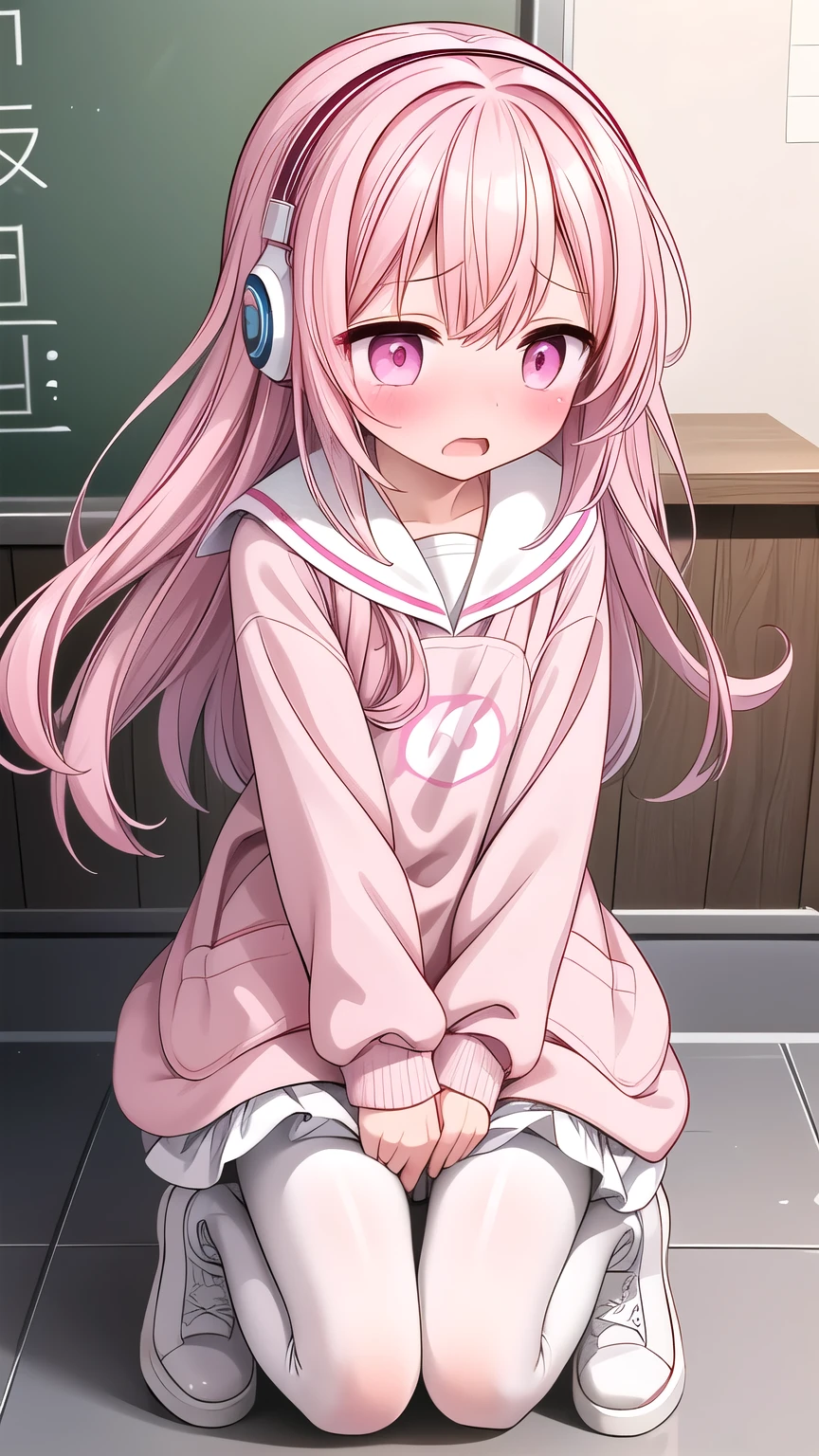 Pink long hair,Pink and white sweatshirt,Pink Eyes,Black headphones,White boots,blush shy,Leaking urine(1.2)classroom scene,eternal, cry, , Tears flow from the eyes, The embarrassment comes from, blush), (Girl is peeing: 1.2),, Look away, sit, Awkward, blush, Mouth slightly open, classroom (Girl Leaking urine): 1.5)