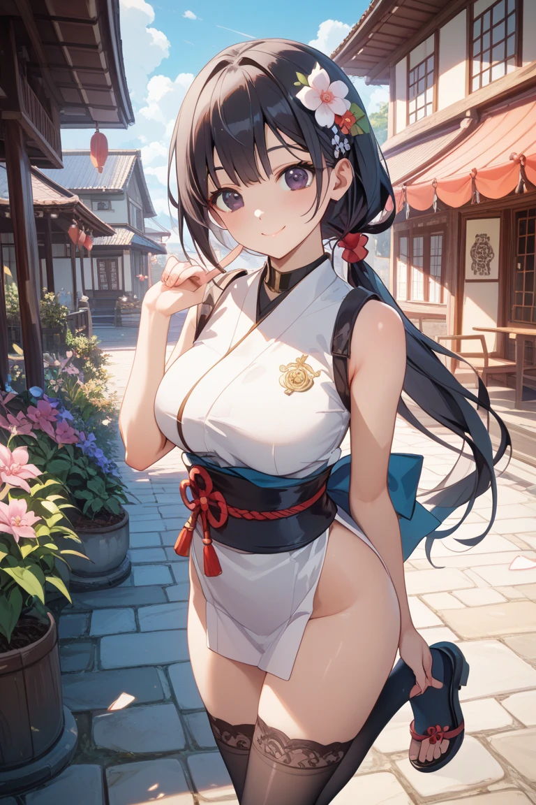 tmasterpiece, Best quality at best, A high resolution, amira, long whitr hair, Pin the bangs at the back of the head, Top knot, forehead, Collar, Bare shoulders, Chopping, red mini short , exercise well,the bow, Sleeveless, cow boy shot, Permanent, Outdoor activities, Riman, ssmile, the shy, A blushing smile,Show butt