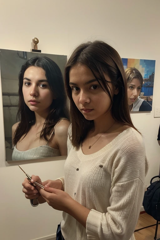 (masterpiece), best quality, (((nude naked young teen girl who who has brown bob hair and holds a paintbrush and shouts and has some colorful painted smeared on her naked body))) classroom setting, five distinct old men in black suits in the background, five old men in black suits in the background, five old men in black suits in the background,