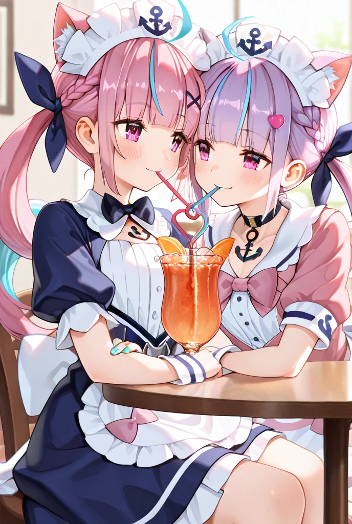 pink bow, long hair, blue eyes, double bun, purple bow, Blue Hair, Twin tails, Hair between the eyes, hair bow, eyebrows visible through hair, Highest quality, (masterpiece:1.2), Very detailed, (masterpiece), (figure),indoor, kitchen,Are standing, Upper Body,Light blue apron, face focus:1.2), face, (from the front:1.2),Stay, clavicle, Flat Chest,naked,Chocolate all over the body,