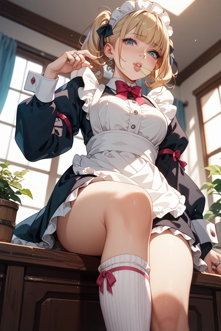 highest quality、(real、photorealistic:1.4)、(RAW photo:1.2,(Curve,Model,glamor:1.5),Beautiful breasts,(from below:1.2),(from side:0.9), ((Face)), (Close-Up:0.4), ((looking at viewer, holding a cup of coffee)), highest quality、(real、photorealistic:1.4)、(RAW photo:1.2),highest quality,(masterpiece),(((Whole body image))),(a 18yo girl), (Highly detailed face),Slightly round face, (Tan brown face:1.0), Boyish beauties, beautiful face, Beautiful lips,Baby Face,(Big eyes),((black,hair,long pony tail hair)),thin pubic hair,cute,lovely,(strong silver hair:1.2),(blunt bangs),(Brown skin:1.0),(Military uniform, bulletproof jacket),nice companion,delicate body、thin legs,beautiful black dress,black gloves, black thighhighs, white panties,(double breasted,under bust:1.2)in the kitchen Woman in survival mode,Sexy thighs,Heat,Sweat heavily,Tropical forests,During a break,sit cross-legged on the ground,The way the light shines is beautiful, Beautiful buttocks,(with sparkling eyes and a contagious smile),little open mouth,black suspenders,Bulging big,breasts,walls: Black miniskirt,garters,Gaze,Small face,bangss,holster,Beautuful Women,hands up,leg holster,Gaze,black boots panty shot, provocation,flank,flank sweat soio,arm,,narrow waist,(with sparkling eyes and a contagious smile),her thin pubic hair, looking at viewer, pose muy sexy"