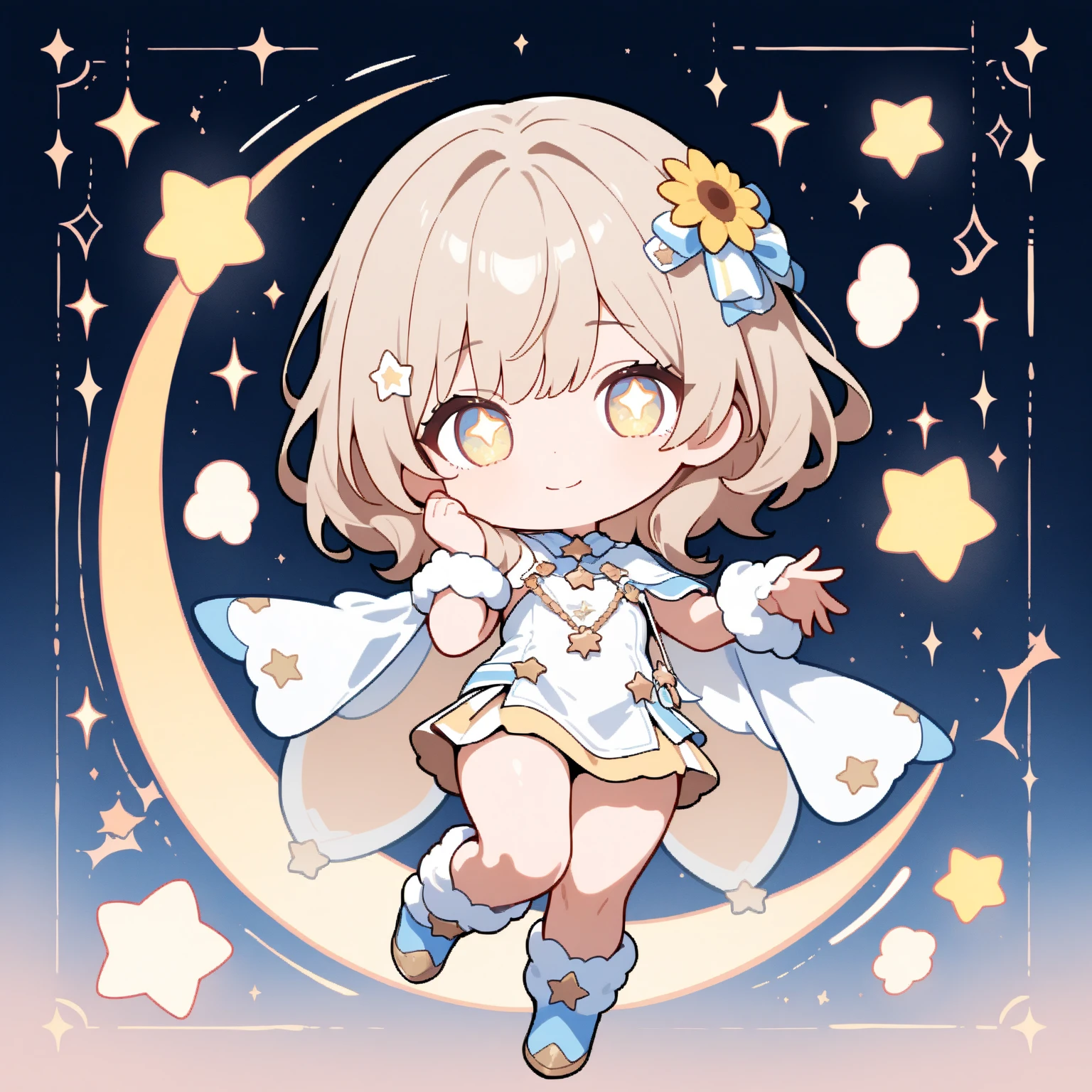 1People Cute Baby Chibi Anime,(((Chibi 3D)))(best qualtiy)(masterpiece)。(shaggy long hair of pale pink color,,:1.5) (golden eyes with a large patina,,:1.4)(White Eight Star Dress 2 Way Fishtail Party Dress, baretop, Cape Dress, A-Line, See-through, :1.5)。Feather ornament reminiscent of an angel、Luxuriously decorated earrings in platinum and amber、(Chibi:1.3)、Very fantastic autumn dusk with galaxy on star background、Standing、a small face、petite body