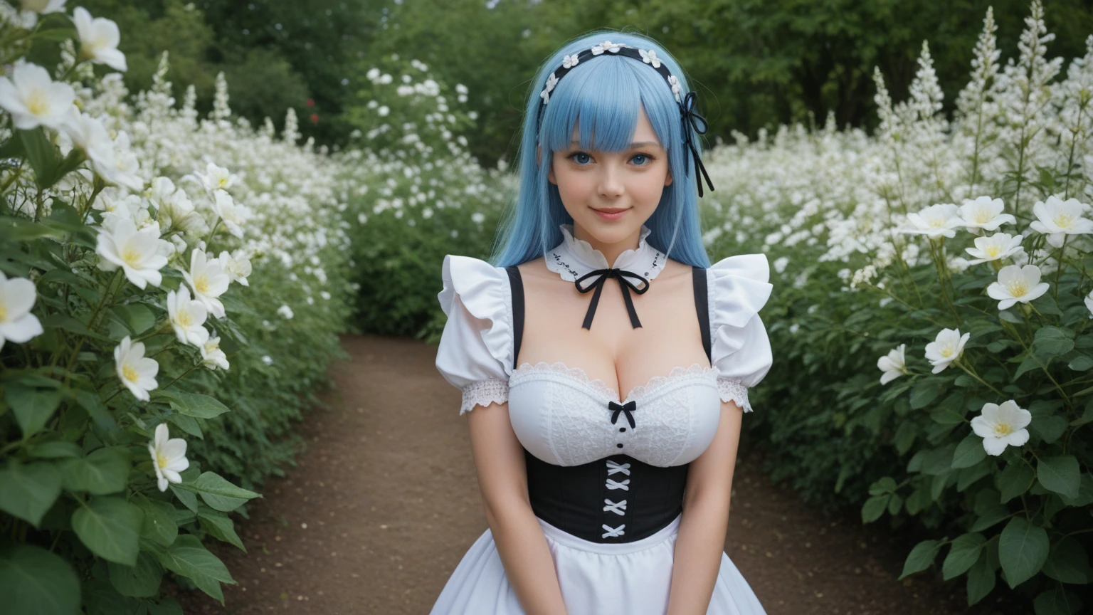 (In the grass, a very cute woman dressed in a very short black and white maid.) ((40k, photography, masterpiece, best quality, ((1 girl blue eyes and gorgeous sky blue hair)), big ass full breasts until waiting to be worn, sexy seduction pose. ((:1.4)), super detailed face, detailed eyes.