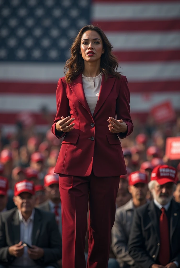 Aishwarya Rai Bachchan, (sexy corporate lady), formal ((no button red suit without shirt)), knee high boots, ((ponytail tied hair)), erotica, bright sunny day scene, curvaceous athletic milf body, posing in front of white house, hourglass milf figure, seducing pose, looking straight at camera, ((50 year old mature milf)), soft volumetric lights, intricate details, (ArtStation:1.2)